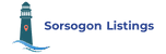 SorsogonListings.com logo with a teal lighthouse, red location pin, and wave symbol representing local travel and tourism in Sorsogon